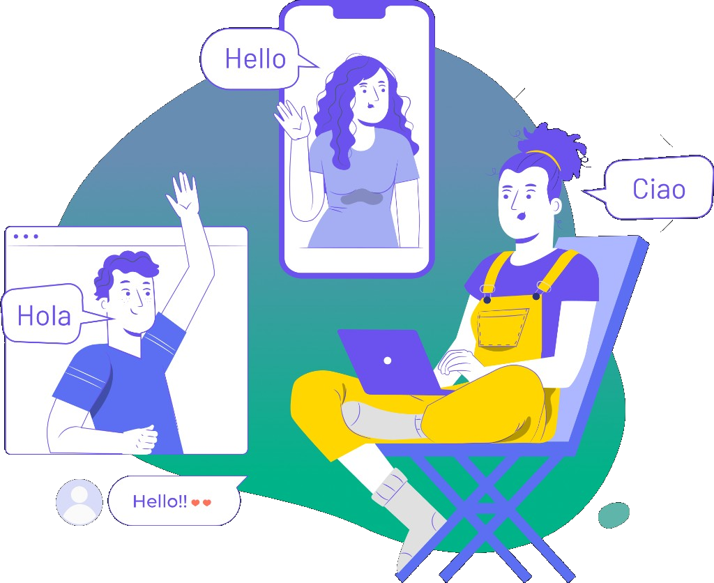 People connecting across devices with greetings in Hello, Hola, and Ciao